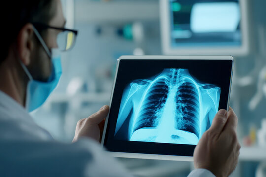 a doctor hands holding digital tablet with chest x-ray film in hospital.
