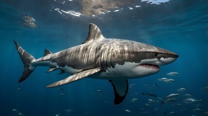 Fototapeta premium Great white shark (Carcharodon carcharias) in sea. Generative AI 