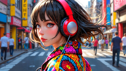 Obraz premium Japanese Cityscape, Anime Fashion, Headphones