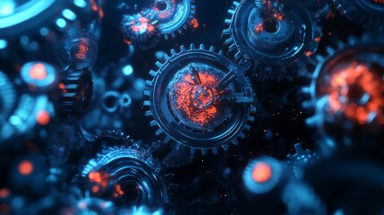 3D Abstract Background: Rotating Gears Intertwined - Stock Image