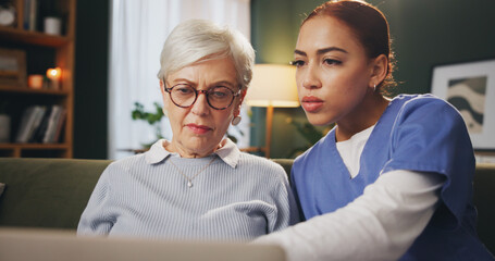 Fototapeta premium Healthcare, laptop and old woman with nurse on sofa in retirement home for internet advice or checkup. Assisted living, computer and consulting with medical professional talking to senior patient