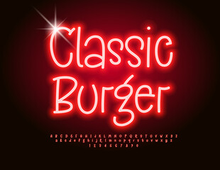 Vector neon advertisement Classic Burger. Bright Glowing Font. Playful Alphabet Letters and Numbers set.