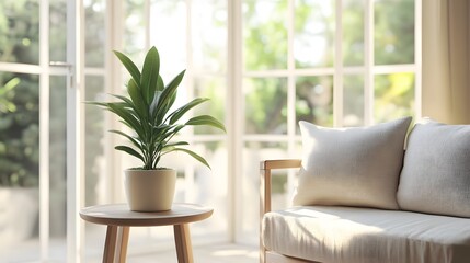 Quiet sunroom with comfortable seating, a small table with a fresh plant, and soft light from large windows, decorated in light colors and simple decor, minimalist and serene style, mood of peaceful
