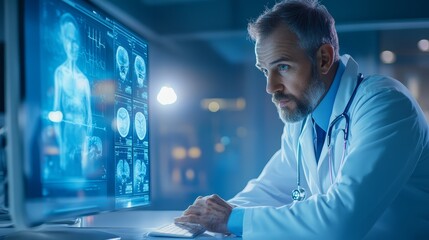 Obraz premium Doctor Analyzing Medical Scans on Computer