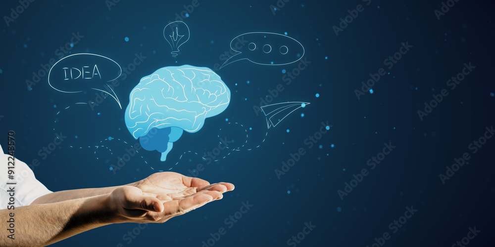 Fototapete close up of businessman hands holding creative ai brain on dark background with mock up place. artif