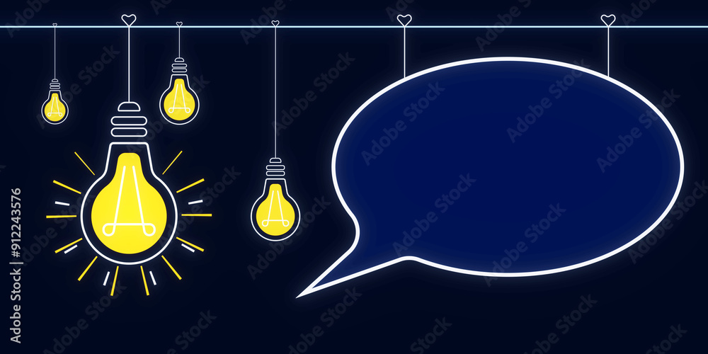 Aufkleber Creative digital lamp and mock up speech bubble hologram on dark backdrop with mock up place. Innovation, idea and insight concept. 3D Rendering.