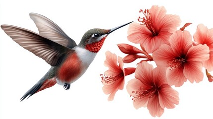 Obraz premium Hummingbird Feeding on Red Hibiscus Flowers