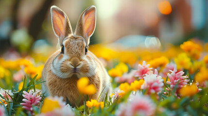 Fototapeta premium Cute little Easter bunny sitting near Easter eggs in flowery meadow, golden hour, banner image