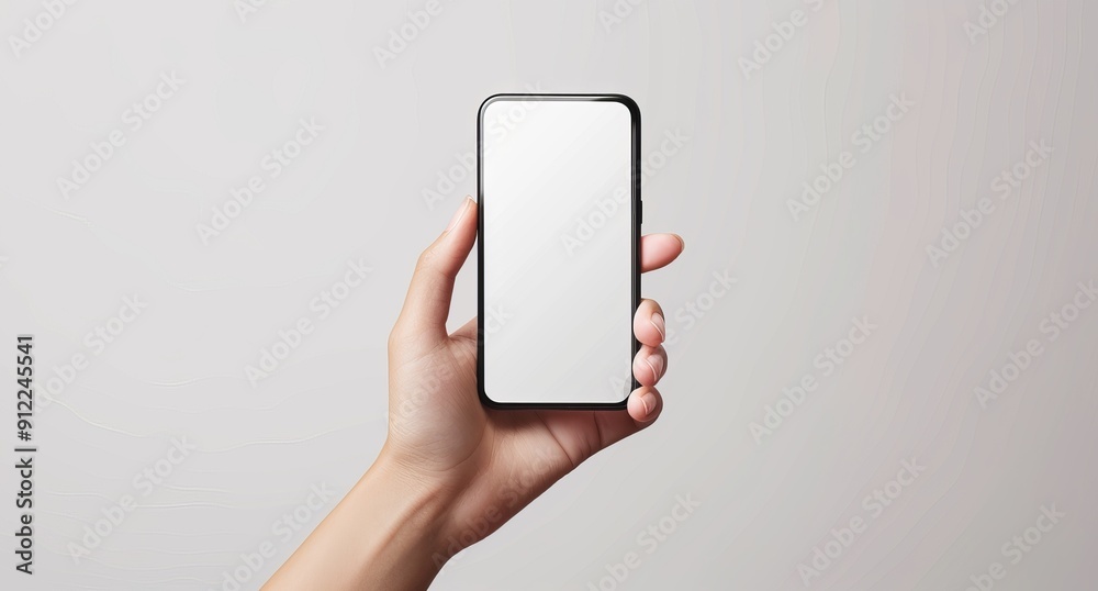 Poster hand holding smartphone with blank screen in vertical position