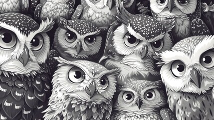 Whimsical Owl Sketches in Doodled Monochrome Style  Playful and stylized black and white featuring a pattern of various owl faces with expressive eyes and textured feathers