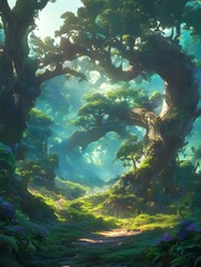 Fototapeta premium Enchanting Anime-Inspired Forest Depths: Fantastical 4K Wallpaper for Creative Marketing Backgrounds. Mystical Woodland Scene Blending Abstract Patterns with Lush Nature, Perfect for Video Game Concep