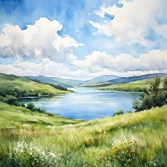 Fototapeta premium A serene highland landscape with rolling green hills, scattered wildflowers, and a crystal-clear lake reflecting the blue sky and fluffy white clouds