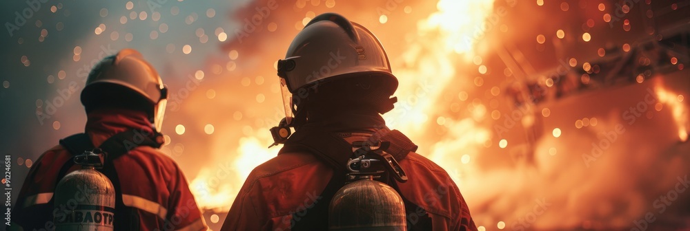 Wall mural firefighters in uniform preparing to combat a blaze