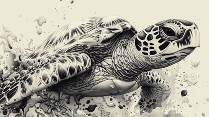 Fototapeta premium Quirky and Playful Doodle of a Clumsy Turtle Swimming in a Whimsical Underwater Landscape Featuring Abstract Patterns Textures and a Monochrome Grayscale Color Palette