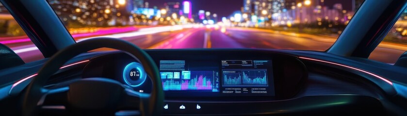 Electric vehicle dashboard displaying realtime business analytics, illuminated city streets visible through the windshield, Futuristic, Soft glow