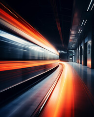 Fototapeta premium Fast moving car accelerates through blurry tunnel with abstract light speed effect. Create the atmosphere of the city of the future