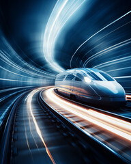 Fototapeta premium Fast moving car accelerates through blurry tunnel with abstract light speed effect. Create the atmosphere of the city of the future