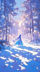 Enchanting Anime-Inspired Winter Wonderland: 4K Wallpaper for Festive Marketing and Seasonal Illustrations. Magical Snowy Forest Scene Blending Abstract Patterns with Frosty Nature, Perfect for Christ