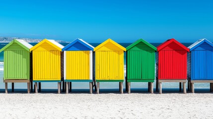 Naklejka premium A row of colorful beach houses are lined up on the beach. The houses are painted in bright colors, including yellow, green, and red. Concept of vibrancy and liveliness