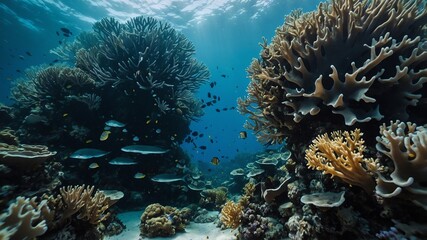 coral colonies forming intricate structures deep underwater background backdrop 3