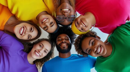 A group of people are smiling and standing in a circle. The group is made up of people of different races and genders. Scene is happy and inclusive