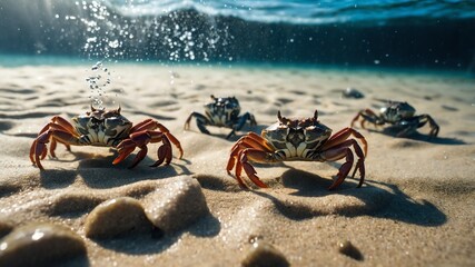 crabs scuttling along the sandy deep underwater background backdrop