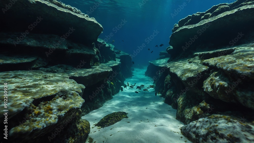 Sticker eels peeking out from crevices deep underwater background backdrop 3