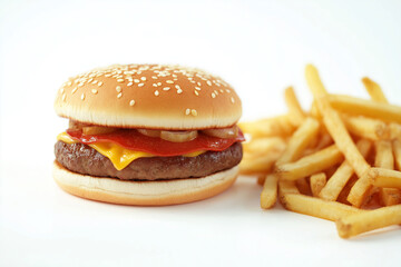 a burger with fries on solid background