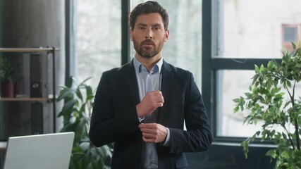 Successful confident stylish rich Caucasian business man male entrepreneur businessman leader boss professional employee employer ceo lawyer posing in office looking at camera wellbeing wealth luxury