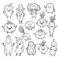 set of cartoon vegetables isolated on white. Funny vegetable. Doodle. Cute character. Food  illustration