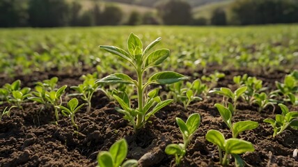 Amidst the beauty of the countryside, a young Withania plant can be seen growing in a field, exemplifying their dicotyledonous traits. Generative AI 