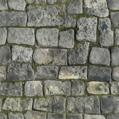 Fototapeta premium Grey Old Stone Pavement Top View, Granite Cobblestone Road, Green Moss, Wet Surface