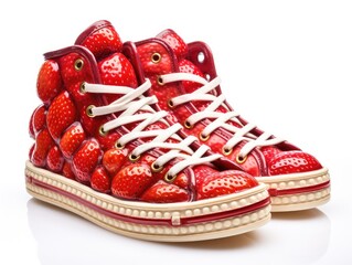 Fantastic Shoes Made of Fresh Fruits and Vegetables, Vegan Fashion, White Background, Creative Shoes