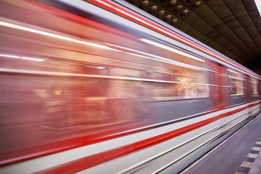 Train arives at Mustek metro station in Prague, Czech Republic