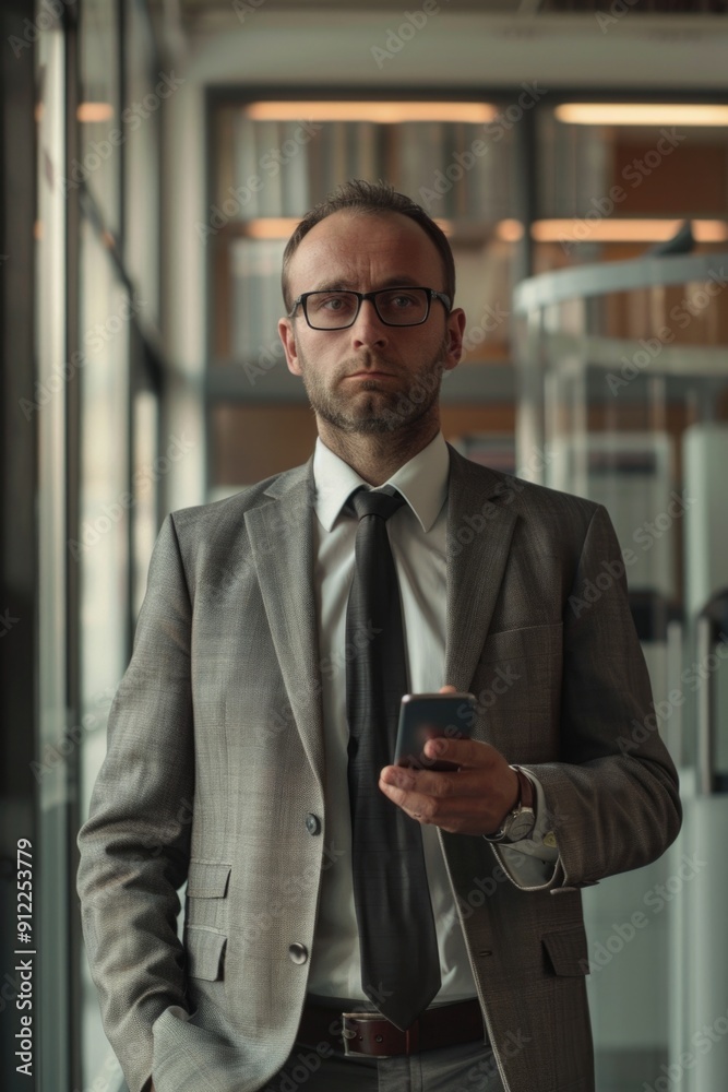 Poster Professional in formal attire using mobile device