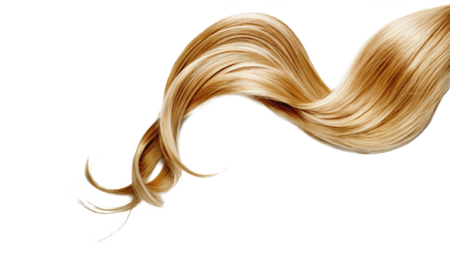Blond hair isolated on white background. Long wavy ponytail