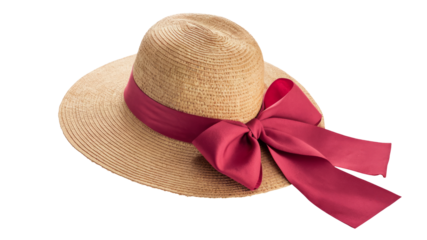 Pretty straw hat with ribbon and bow on white background. Beach hat top view isolated