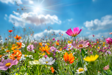 Fototapeta premium Beautiful spring meadow with colorful wildflowers, blue sky, and sun shining on the field of flowers, beautiful nature background.