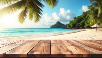 Fototapeta premium An empty wooden table sits in the foreground, framed by palm trees and overlooking a tranquil beach during a sunny day with soft waves
