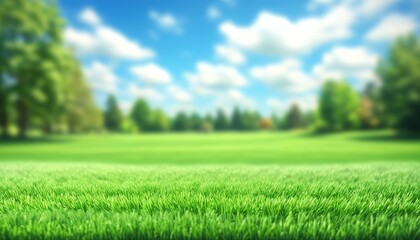 Obraz premium Lush green grass stretches across the field, framed by trees under a clear blue sky dotted with white clouds