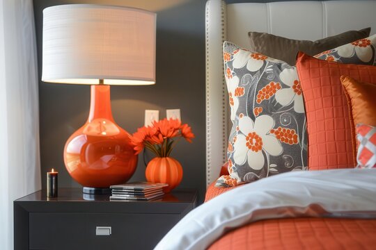 modern bedroom interior with bold orange accent lamp cozy bedding autumninspired decor and sleek furniture design