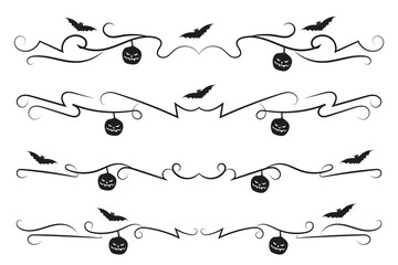 set of Halloween flourish dividers, hand-drawn fancy lines with pumpkins and Bats vine scroll page separator, decorative ornate swirls vintage menu Wedding border holiday design element

