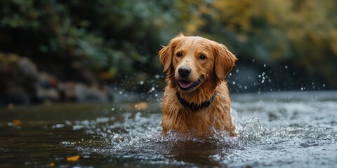 dog in river Whimsical Riverside Puppy Adventure: 4K Wallpaper Blending Abstract Patterns and Adorable Canine Charm. Creative Marketing Background Featuring AI-Generated Artistic River Scene with Play