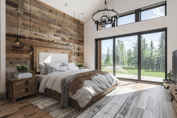 modern farmhouse bedroom with smart home features rustic wood elements contrast with sleek tech panoramic nature view through electrochromic windows
