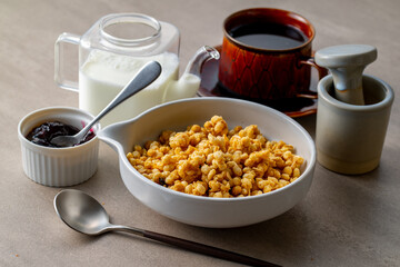 Milk and granola.
Breakfast image.
