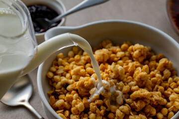 Milk and granola.
Breakfast image.
