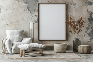 modern interior with blank picture frame mockup minimalist decor natural light subtle textures neutral color scheme 3d rendered scene
