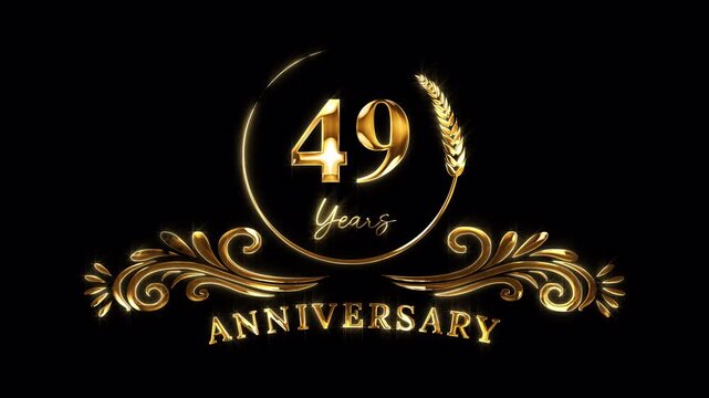 49th Anniversary Celebration. Happy 49 Years Anniversary Animation in Gold Color on the Transparent Background, Alpha Channel. Great for greetings, celebrations, events, and gifts.