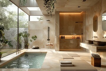 A bathroom with a large tub and a shower