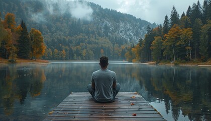 A man sitting on a dock, looking out over a lake, feeling a sense of calm